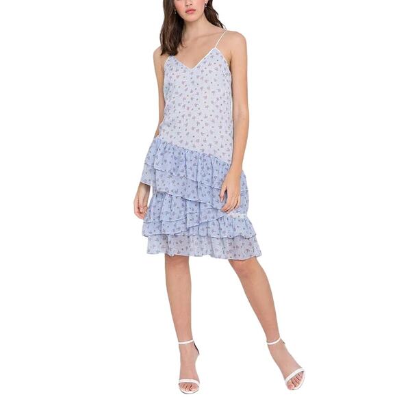 ENDLESS ROSE Light Blue Ditzy Lotus Print Ruffled Dress Sz Large Fairy Whimsical - Picture 1 of 8